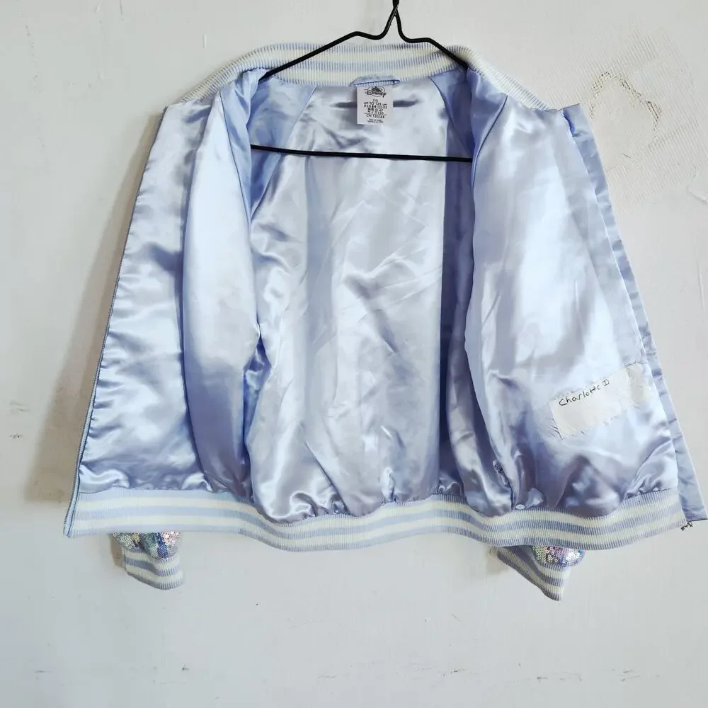 Disney Girls Sz 7/8 Frozen Elsa & Anna Varsity Jacket Silver Glimmer Sequins